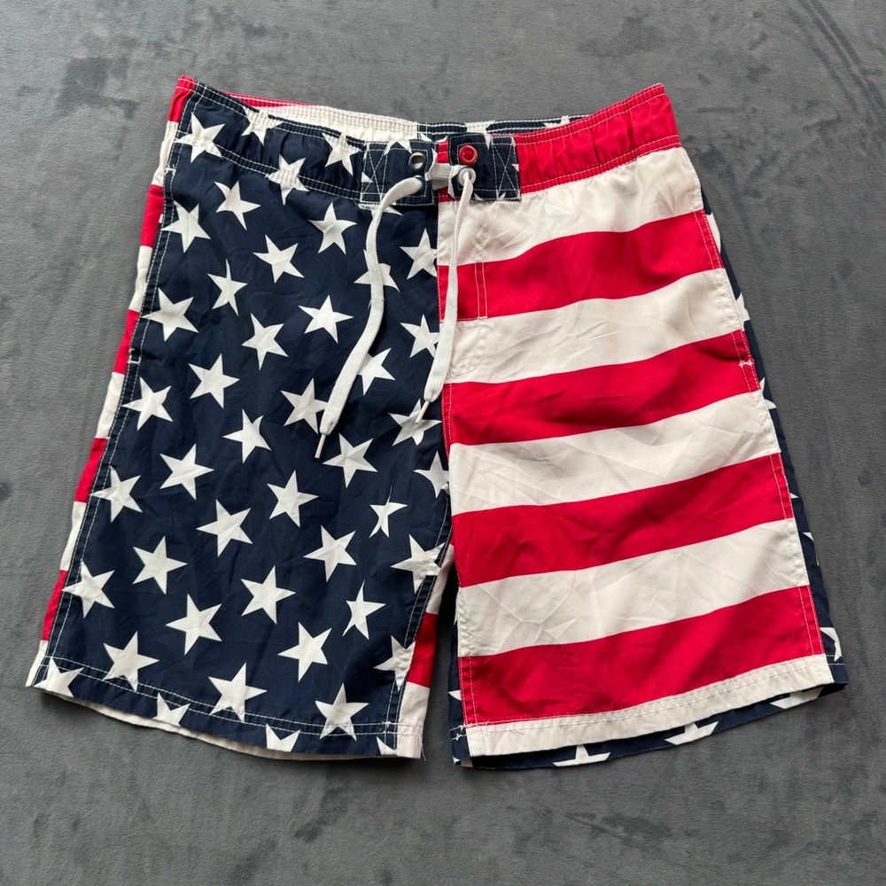 Faded Glory Mens American Flag Swim Trunks Stars and Stripes Board Shorts Small
